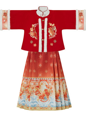 高端女童汉服中国风新年喜庆拜年服小女孩加绒冬季古装明制三件套