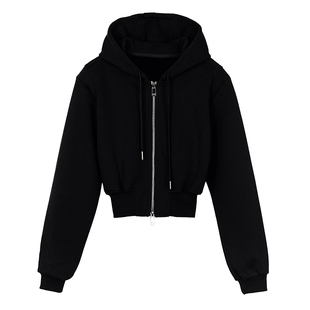 黑色连帽卫衣短款外套女款小个子秋冬加绒修身收腰开衫双拉链上衣