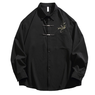 男士新中式国风竹子刺绣衬衫男翻领2025新款秋季唐装汉服上衣外套