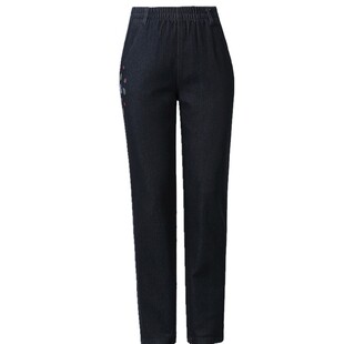 中老年女裤牛仔裤老人裤春秋妈妈裤春装老太太裤宽松直筒弹力松紧