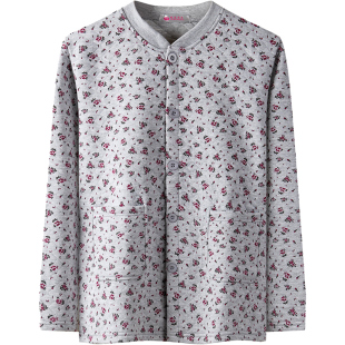 老年人保暖内衣女单件上衣三层夹棉加厚妈妈纯棉大码开衫对襟秋衣