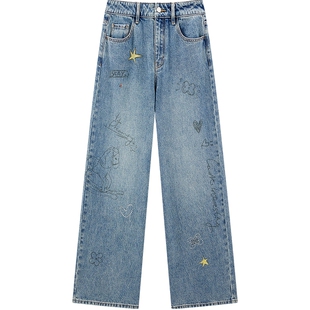 乐町印花图案宽松水洗牛仔裤2026新款烫钻涂鸦设计百搭休闲直筒裤
