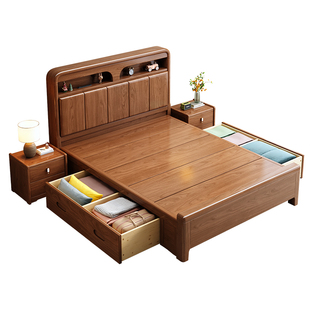 实木抽屉床1米2实木单人床现代简约胡桃木次卧1米小床带储物空间