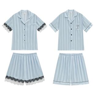 乐姿梦情侣睡衣女夏季冰丝短袖仿真丝可外穿高级感家居服男套装