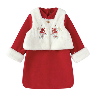 巴拉巴拉女童连衣裙儿童新中式国风套装宝宝冬装新款过年红色衣服