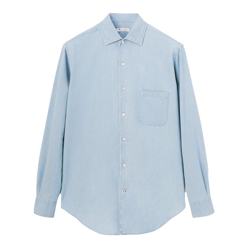 Loro Piana/诺悠翩雅男装棉质蓝色牛仔布时尚长袖衬衫