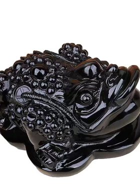 天然黑曜石招财三足玉金蟾摆件