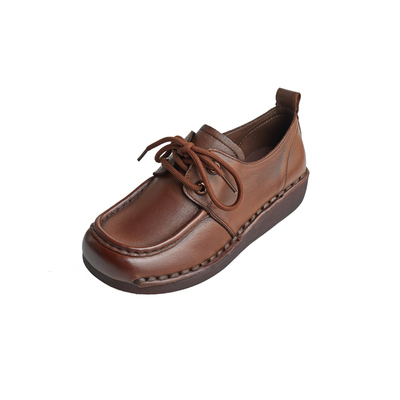 复古真皮系带软底坡跟单鞋