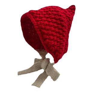 系带小红帽女秋冬季保暖新年款女巫尖尖帽子学生防寒毛线针织帽潮