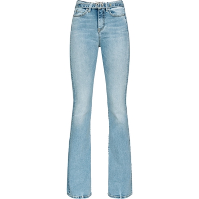 飞鸟腰带微喇修身牛仔裤