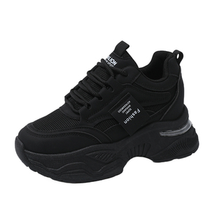 全黑色内增高老爹鞋女34码2025新款秋季小个子厚底增高9cm休闲鞋