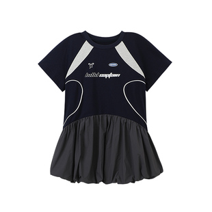 布丁哈鲁童装夏装女童纯棉裙子2026新款儿童撞色运动风花苞连衣裙