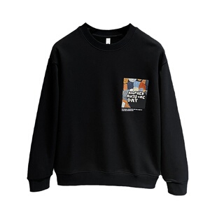 2024冬季宽松加绒圆领卫衣男士外套头打底衫学生休闲落肩长袖T恤