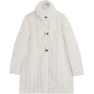 【冬季促销】米白长毛皮草金属扣翻领高端外套中长款宽松大衣女冬