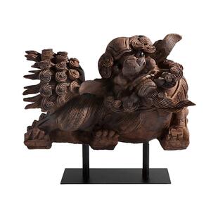 新中式麒麟狮子仿木侘寂风摆件样板房书房客厅软装饰品东方创意