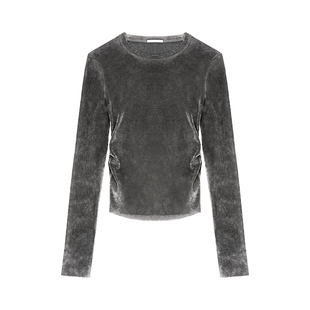 OMITI省略 进口醋酸植绒网纱T恤女丝绒修身打底上衣26早春新品