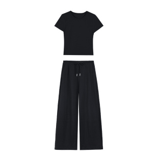 pusumede 悠闲夏日 圆领短袖T恤女针织上衣宽松休闲阔腿长裤套装