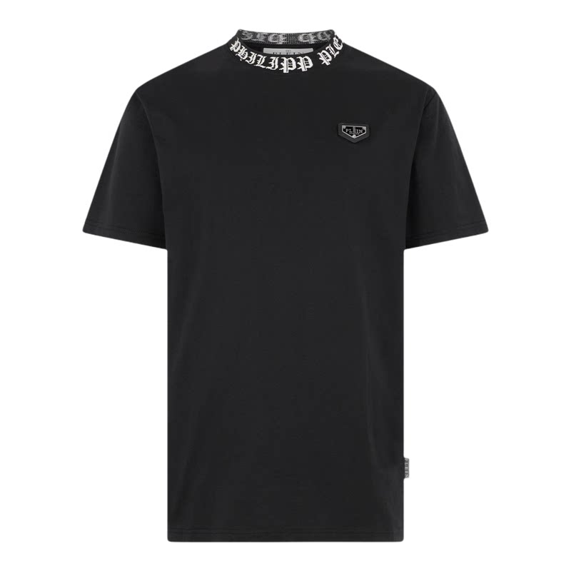 PHILIPP PLEIN 男士圆领T恤撞色领口满印字母简约基础款短袖上衣
