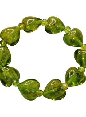 重工小众琉璃古董手串爱心绿色手链复古文艺个性串珠配饰女带弹力