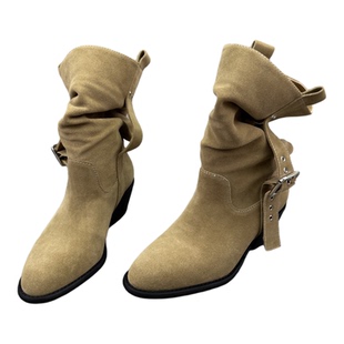 乐魔2025秋季新款欧洲站欧货皮带扣高跟西部靴磨砂皮套筒短筒女靴