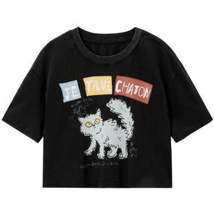 【商场同款】乐町春季短箱字母猫咪宽松短袖T恤C2CNE3117