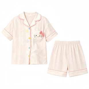 睡衣女孩大童夏季纯棉短袖薄款开衫初中生学生甜美洋气家居服套装