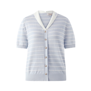 Eland衣恋针织T恤女金属扣翻领正肩短袖开衫2025秋季新款航海