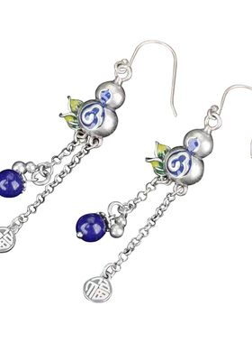 12.3克天然青金石泰银925纯银葫芦流苏耳环耳钉耳饰品原创