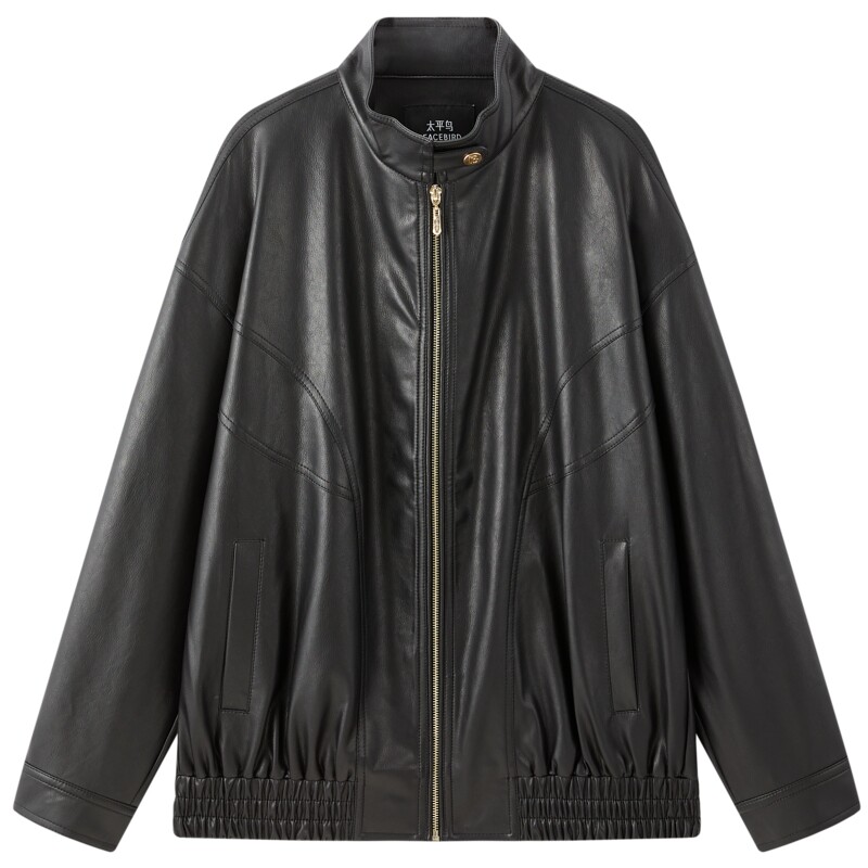 太平鸟早八夹克26新春哑光肌理PU机车皮衣女复古廓形立领夹克外套