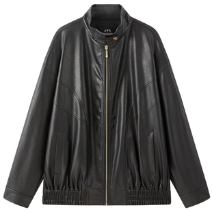 太平鸟早八夹克26新春哑光肌理PU机车皮衣女复古廓形立领夹克外套