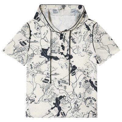 诗篇专选锻感航海风宽松印花连帽短款上衣T恤女2025夏季新款