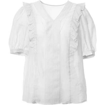迪卡轩女士雪白色宽松V领上衣