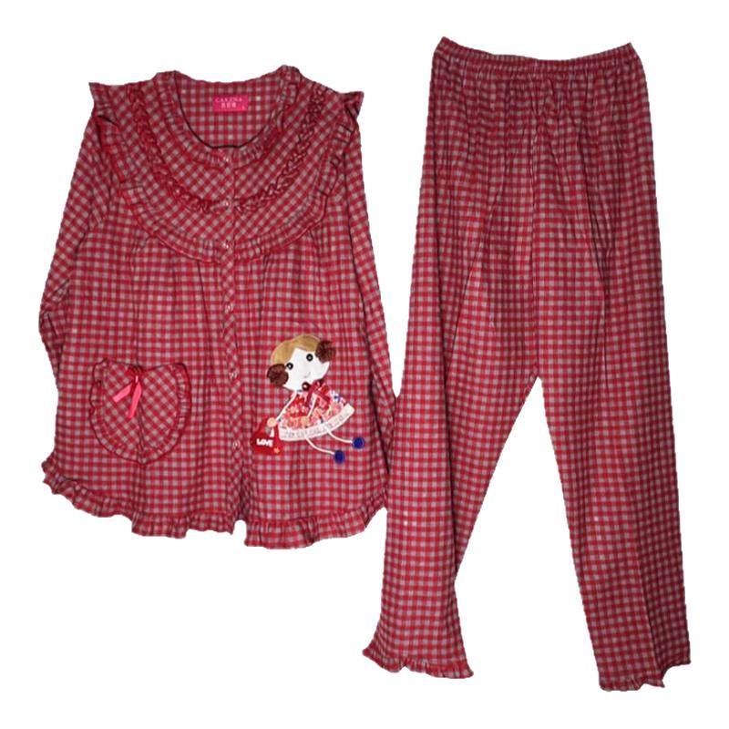 凯舒娜睡衣纯棉新款秋冬季格子女印花甜美对襟家居服红色长袖长裤