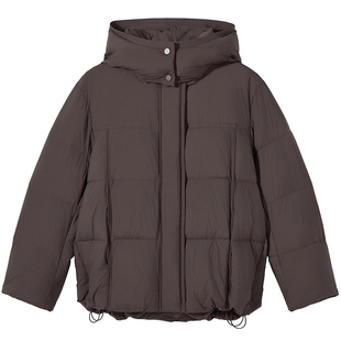 热风女士连帽泡芙羽绒服2025年冬季新款保暖连帽蓬松羽绒服外套