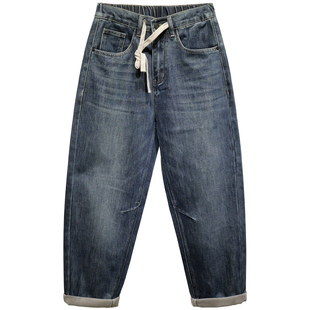 布冷布热 冬季加绒薄绒宽松阔腿牛仔裤男磨毛系带松紧腰保暖长裤