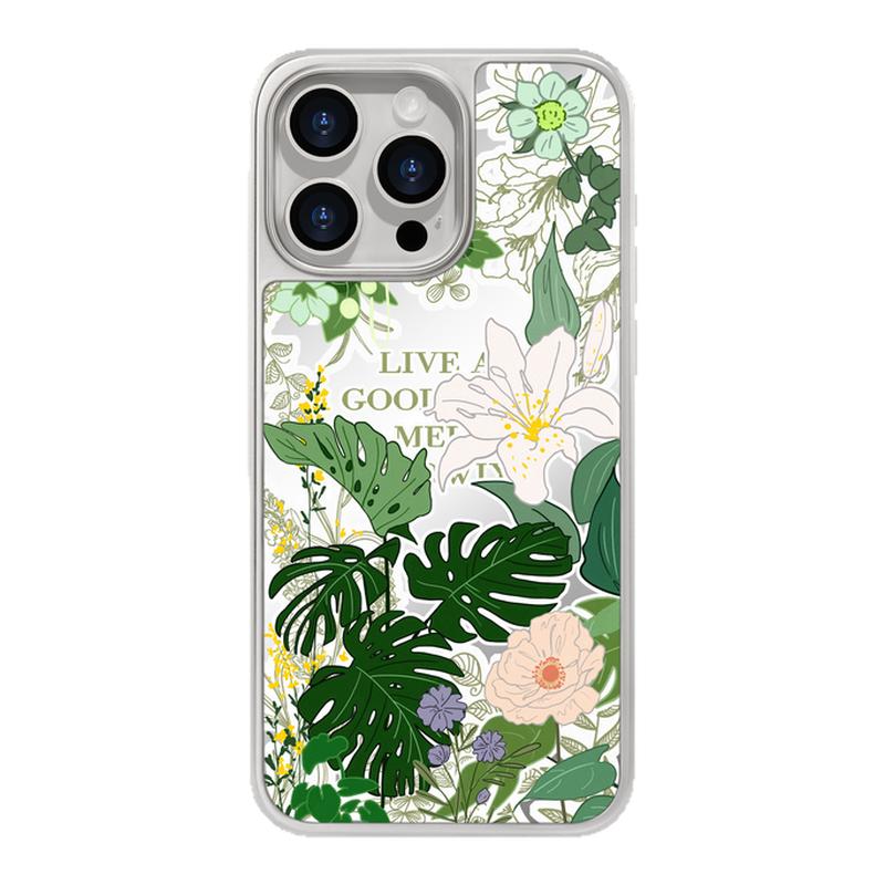benefit绿色清新丛林花卉17适用于iphone16promax苹果15PRO镜面磁吸手机壳13新款14小米15PRO防摔三星S25