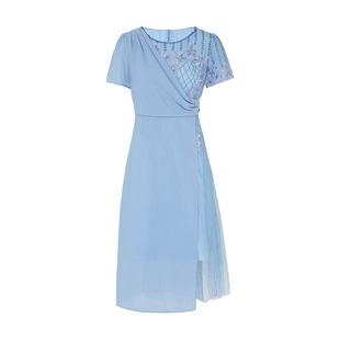 马天奴女拼接雪纺刺绣网纱连衣裙短袖收腰长裙礼裙子夏季新款时尚