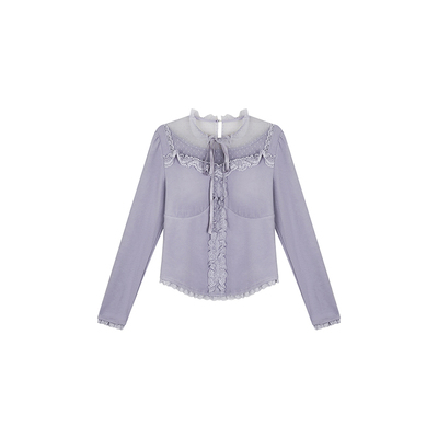 安妮不火 自带胸垫磨毛德绒透视网纱针织衫女微胖大码木耳边上衣