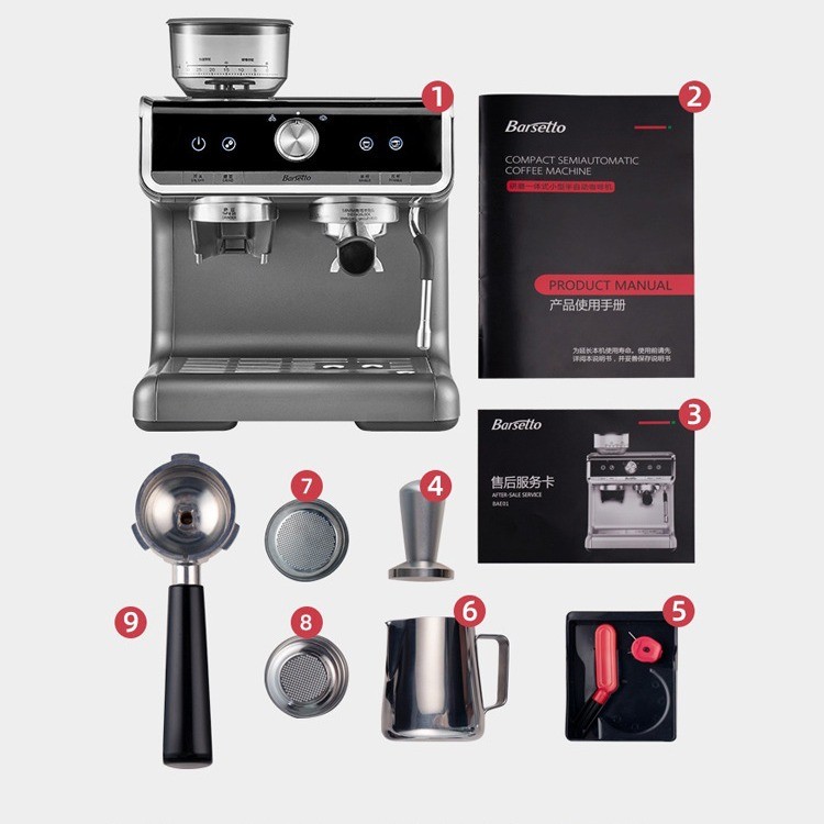 Barsetto/百胜图咖啡机商用半自动意式家用研磨一体蒸汽奶泡机