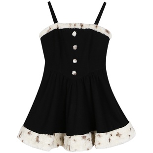 安妮不火 毛茸茸爱心时尚套装女2025秋冬毛领修身显瘦吊带连衣裙