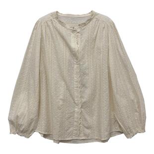 精致出口单!温柔杏色小立领重工镂空刺绣长袖衬衫棉质透气宽松春