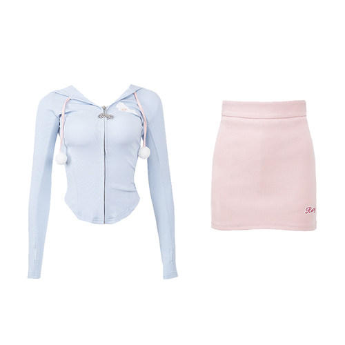 少女椰子/少女游泳馆 秋冬蓝色紧身上衣防晒衫包臀裙运动辣妹套装