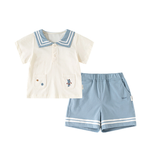 Oak mont莫代尔蚕丝儿童套装夏季男女童海军风短袖短裤分体衣服