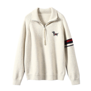 淘么淘 松弛感拉满 撞色条纹腊肠小狗羊毛半门襟拉链套头立领毛衣