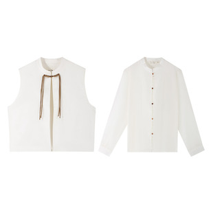 伊纳芙国风气质立领长袖衬衫女秋新款提花盘口马甲宽松上衣两件套