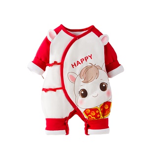 马年过年红色拜年服婴儿冬季衣服新生儿夹棉服连体衣宝宝外出冬装