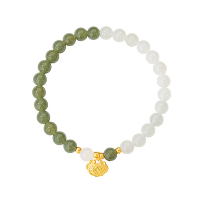 母亲节礼物如意锁黄金手链999足金女生轻奢晴水绿和田玉手串妈妈