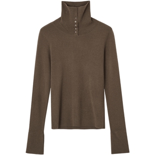 德玛纳通勤风翻领开叉喇叭袖针织衫女春秋新款气质修身线衫上衣