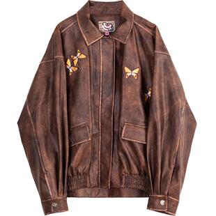 KEIKO [蝴蝶绣] 高级感棕色皮衣外套26春季美拉德穿搭复古皮夹克