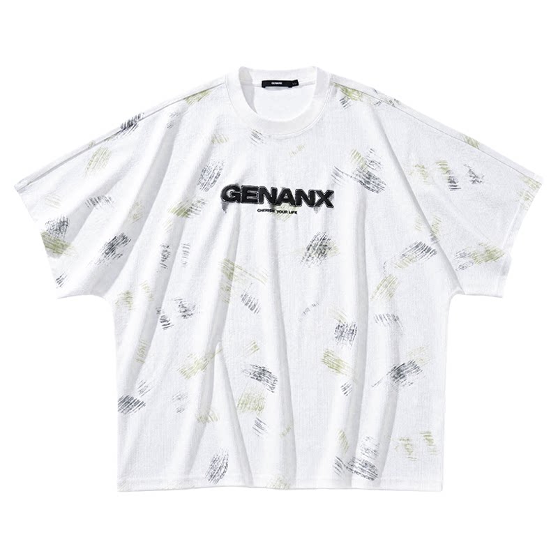 GENANX闪电潮牌涂鸦刷点印花短袖美式宽松落肩五分袖潮牌情侣上衣